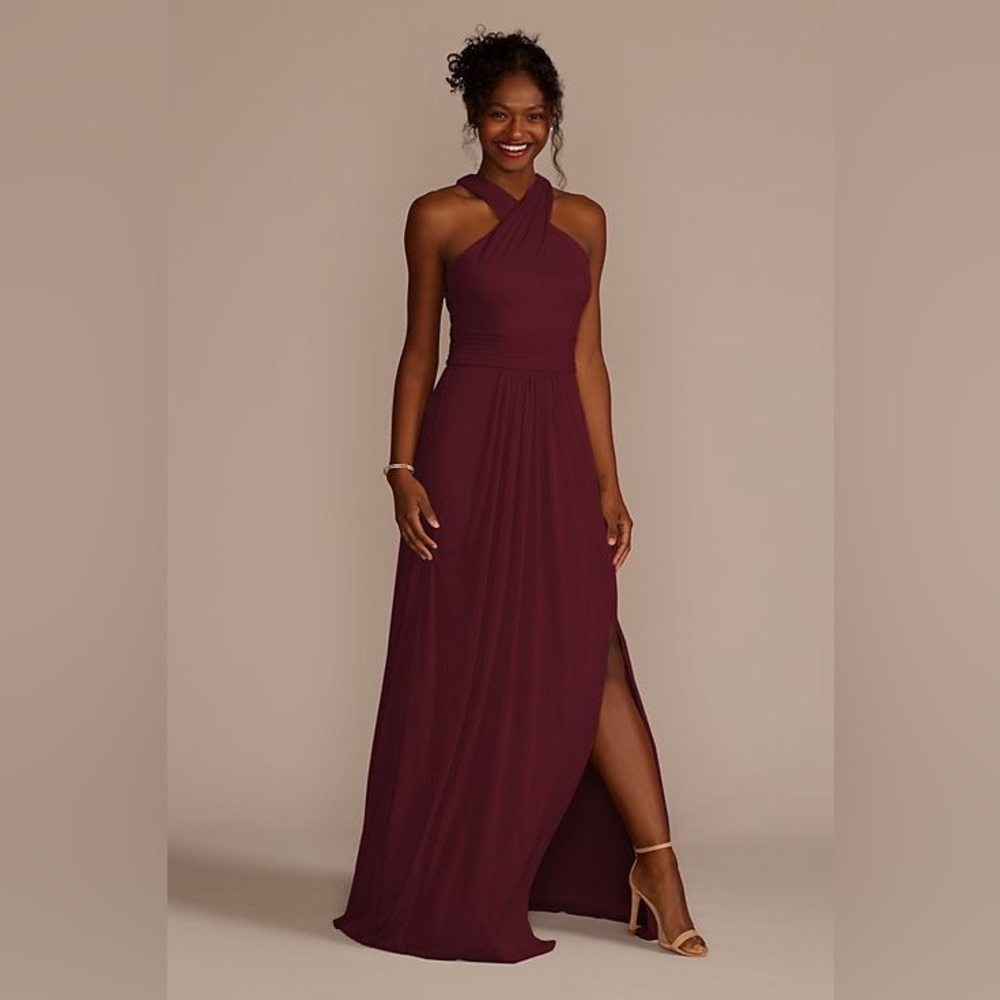 David’s Bridal crisscross high-neck mesh bridesmaid dress